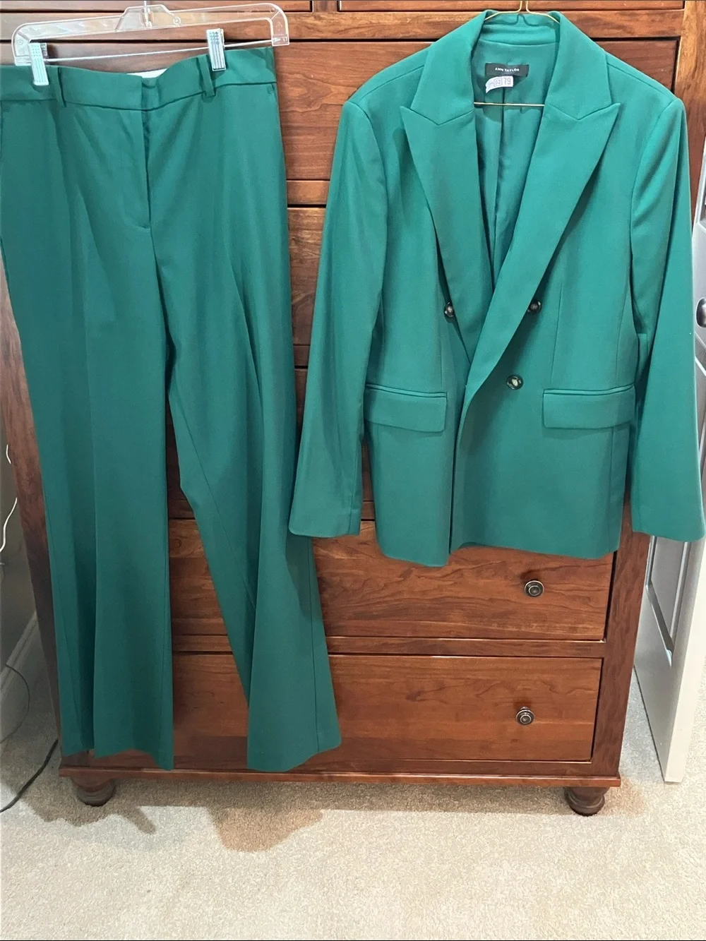 Ann Taylor Emerald Green Double-Breasted Blazer with Matching Trousers